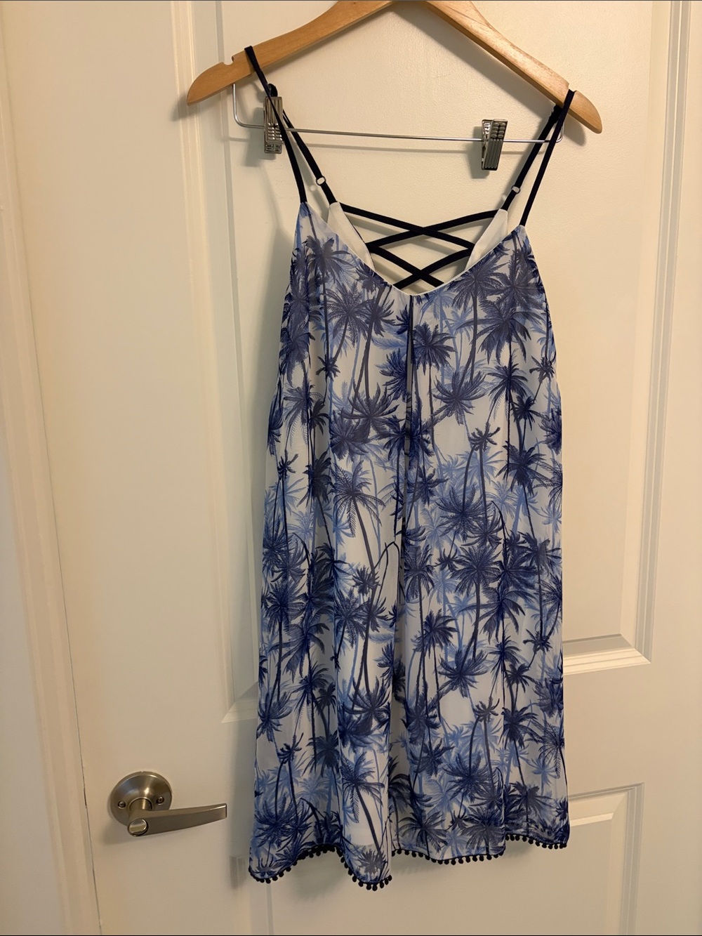 En Creme Blue Palm-Print Mini Dress with Black Strappy Back